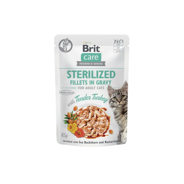Корм вологий для стерилізованих котів Brit Care Cat Sterilized філе в соусі з індичкою, пауч, 85 г