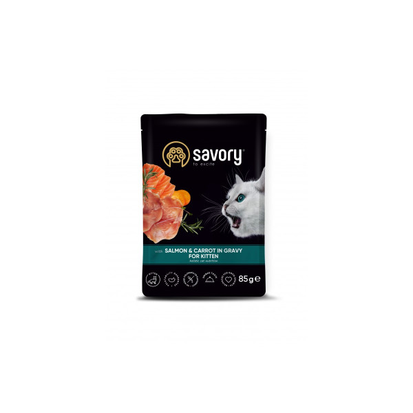 Вологий корм Savory для кошенят, лосось із морквою у соусі, пауч, 85 г