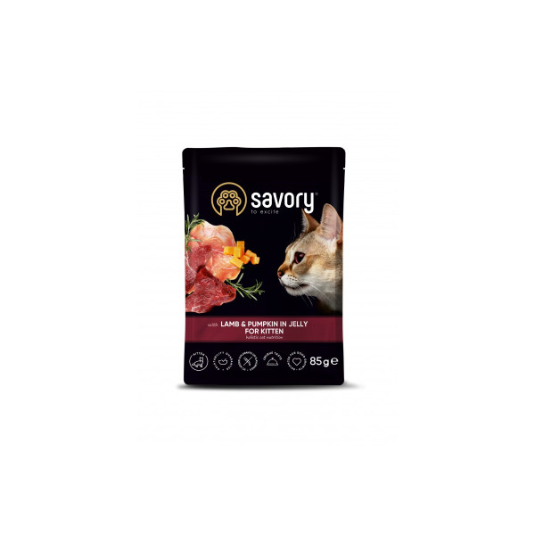 Вологий корм Savory для кошенят, ягня з гарбузом у желе, пауч, 85 г