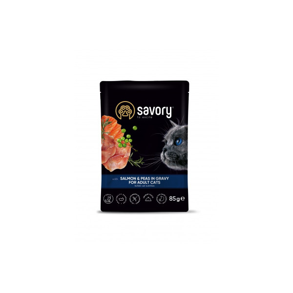 Вологий корм Savory для дорослих котів, лосось з горошком у соусі, пауч, 85 г