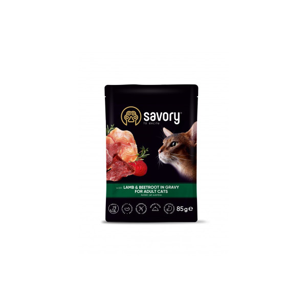 Вологий корм Savory для дорослих котів, ягня з буряком у соусі, пауч, 85 г