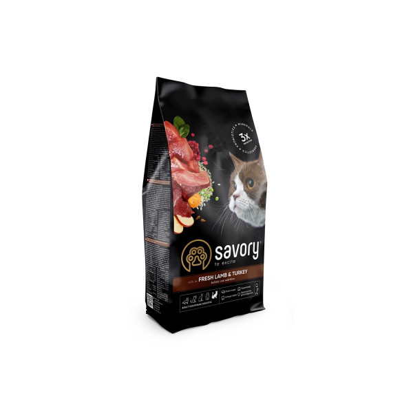 Сухий корм для котів з чутливим травленням Savory Adult Cat Sensitive Digestion Fresh Lamb and Turkey зі свіжим м’ясом ягняти та індичкою, 2 кг