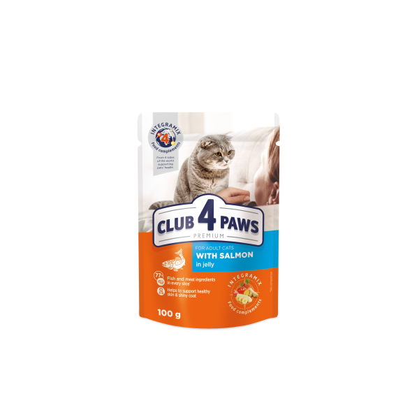 Вологий корм Club 4 Paws (Клуб 4 лапи) Premium, для дорослих котів, із лососем у желе, 100 г