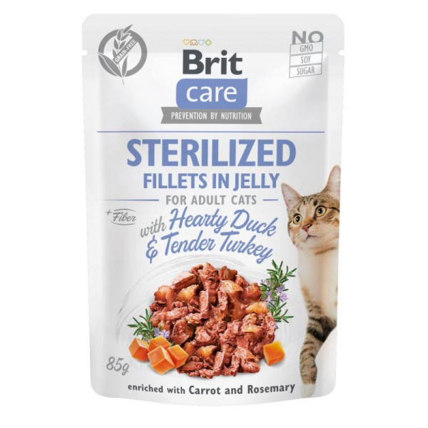 Вологий корм Brit Care Cat pouch, для стерилізованих кішок, філе качки та індички в желе, 85 г