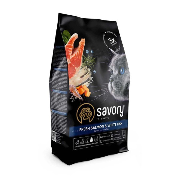 Savory Adult Cat Fresh Salmon & White Fish Сухий корм для дорослих довгошерстих кішок 0,4 кг (лосось)
