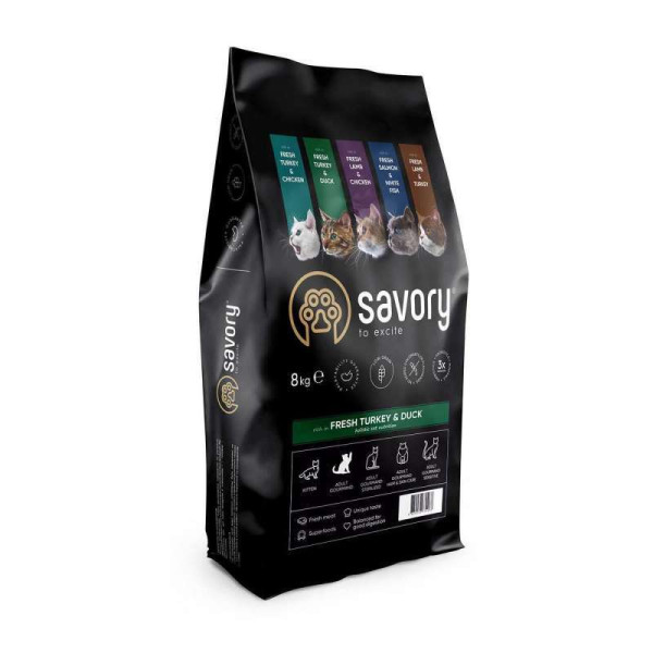 Savory Adult Cat Gourmand Fresh Turkey & Duck Сухий корм для дорослих примхливих кішок 8 кг (індичка з качкою)