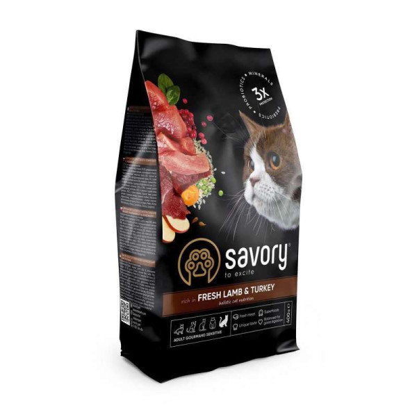 Сухий корм для котів з чутливим травленням Savory Adult Cat Sensitive Digestion Fresh Lamb and Turkey зі свіжим м’ясом ягняти та індички, 400 г